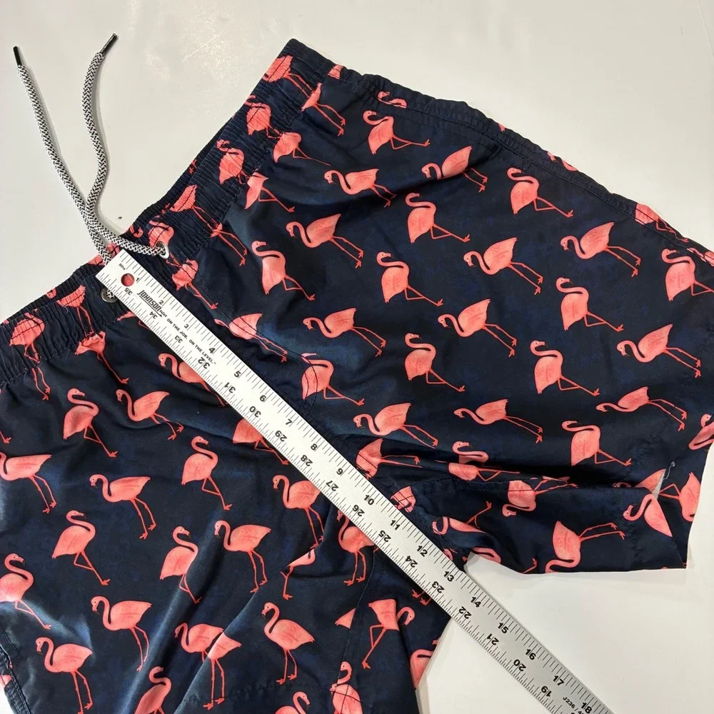 Maamgic Mens Flamingo Print Swim Trunks Navy Blue Pink Mesh Lined Shorts Small‎